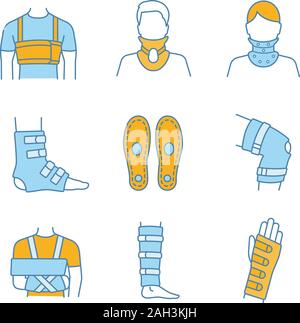 Il trattamento di traumi le icone a colori set. Cinghia di nervatura, collare cervicale, caviglia e ginocchiere, solette, Immobilizzatore per spalla, shin supporto, polsiera. Isolato Illustrazione Vettoriale