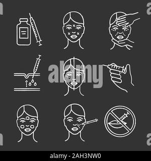 Iniezione di neurotossina chalk set di icone. Flaconcino e una siringa, facial markup, cosmetologo esame, nasolabial pieghe iniezione, ringiovanimento del viso, crema, pro Illustrazione Vettoriale