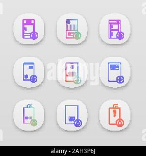 Riscaldamento app set di icone. Gas, elettriche, combustibile solido, caldaie e scaldabagno. Domestici, commerciali e industriali dei sistemi di riscaldamento centrale. UI/UX utente in Illustrazione Vettoriale