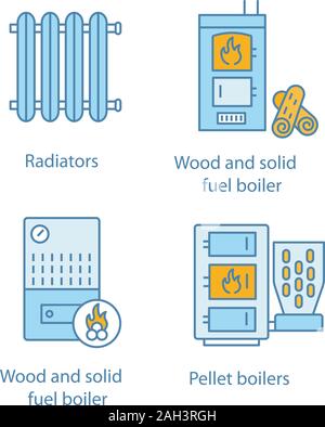 Riscaldamento icone di colore impostato. Radiatore, legna da ardere e caldaia a pellet, solido il riscaldatore del combustibile. Isolato illustrazioni vettoriali Illustrazione Vettoriale