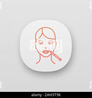 Labbra iniezione di neurotossina icona app. Anti-rughe iniezione. Labbra augmentation. Procedura di personalizzazione. Ringiovanimento del viso. La cosmetologia. UI/UX interf utente Illustrazione Vettoriale