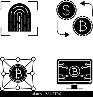 Bitcoin cryptocurrency glifo set di icone. La scansione delle impronte digitali, cryptocurrency software, cambio valuta, bitcoin rete. Simboli di Silhouette. Vettore Illustrazione Vettoriale