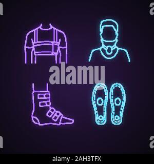 Il trattamento di traumi di luce al neon set di icone. Chirurgico di uomini costola cintura, collare cervicale, piede CAVIGLIA Tutore, sottopiedi ortopedici. Segni incandescente. Il vettore isolato Illustrazione Vettoriale