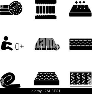 Materasso glifo set di icone. Fibra di noce di cocco, memoria di riempimento di schiuma, impermeabile, ortopedici, molla, springless roll up, traspirante, materassi per neonati. S Illustrazione Vettoriale