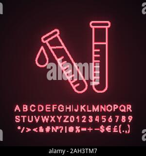Test di laboratorio la luce al neon icona. Diagnostica di Laboratorio. La ricerca chimica. Tubi di prova. Laboratorio Scientifico. Segno incandescente con alfabeto, numeri e il simbolo Illustrazione Vettoriale