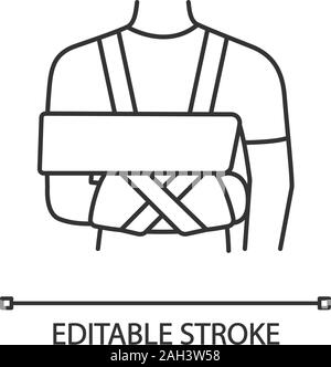 Immobilizzatore per spalla icona lineare. Imbracare e fascia. Linea sottile illustrazione. Braccio rotto, lesione della spalla di trattamento. Fissare il braccio di rinforzo. Simbolo di contorno. Vect Illustrazione Vettoriale