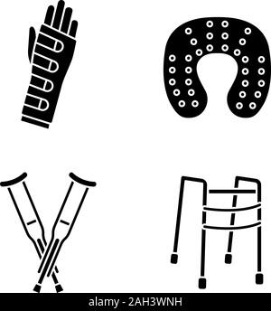 Il trattamento di traumi glifo set di icone. Polsiera, collo cuscino, ascellari stampelle, walker. Simboli di Silhouette. Vettore illustrazione isolato Illustrazione Vettoriale