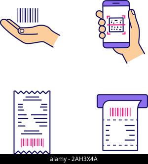 Colore Brcodes set di icone. Codice a barre lineare in mano, codici QR applicazione scansione, ricevuta in contanti, carta ATM controllare. Isolato illustrazioni vettoriali Illustrazione Vettoriale