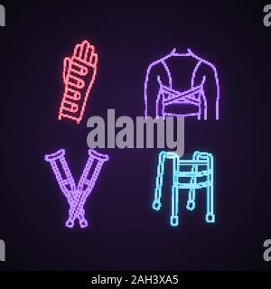 Il trattamento di traumi di luce al neon set di icone. Polsiera, correttore di postura, ascellari stampelle, walker. Segni incandescente. Vettore illustrazioni isolate Illustrazione Vettoriale