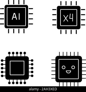 Processori glifo set di icone. Chip di circuito integrato per il sistema di intelligenza artificiale, sorridente Microprocessore, processore quad core. Simboli di Silhouette. Vettore ho isolato Illustrazione Vettoriale