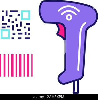 E codice a barre QR code scanner a colori con icone. Wifi lineare e codici a barre matrice lettore portatile. Codici QR e codici a barre tradizionale dispositivo di lettura. Store shop Illustrazione Vettoriale