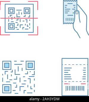 I codici a barre a colori set di icone. Codice QR, scansione della ricevuta della carta in mano, matrice codice a barre, controllo della carta. Isolato illustrazioni vettoriali Illustrazione Vettoriale