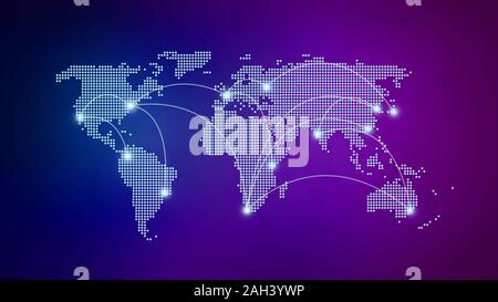 Punteggiato mappa mondiale con linee curve o percorsi di volo che collega le città. Sfocata blu scuro e sfondo viola. Comunicazioni globali e globalizzazione. Foto Stock