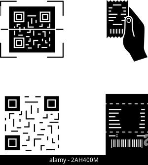 I codici a barre glifo set di icone. Codice QR, scansione della ricevuta della carta in mano, matrice codice a barre, controllo della carta. Simboli di Silhouette. Vettore illustrazione isolato Illustrazione Vettoriale