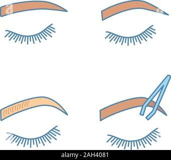 Sopracciglia sagomare le icone a colori set. Dritto e soft sopracciglia arcuate forma, sopracciglia microblading, tweezing. Isolato illustrazioni vettoriali Illustrazione Vettoriale