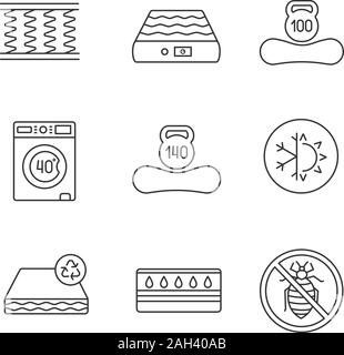 Materasso lineare set di icone. La molla, aria, lavabile, doppia stagione, riciclabile, acqua, materasso antiallergico con limite di peso fino a 100 e 140 kg. Isolat Illustrazione Vettoriale