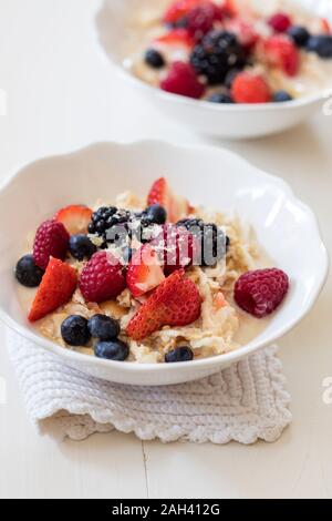 Bocce di fresco muesli vegano con vari frutti di bosco, di uve secche di Corinto e di latte di mandorla Foto Stock