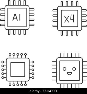 I trasformatori lineari di set di icone. Chip di circuito integrato per il sistema di intelligenza artificiale, sorridente Microprocessore, processore quad core. Linea sottile simboli di contorno. Isolato Illustrazione Vettoriale