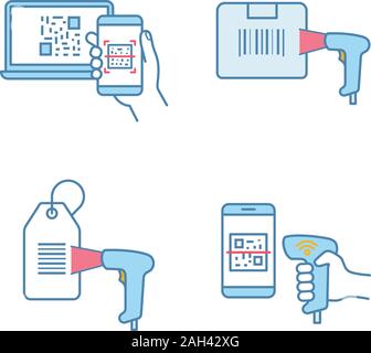 I codici a barre a colori set di icone. Smartphone la scansione del codice a barre, consegna la scansione di codici a barre, hang tag, palmare codice qr scanner. Isolato illustrazioni vettoriali Illustrazione Vettoriale