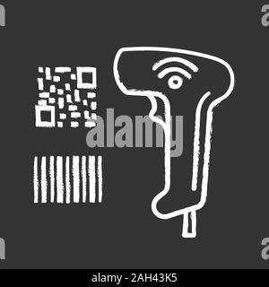 E codice a barre QR code scanner icona chalk. Lineare Wifi, Matrice codici a barre lettore portatile. QR Code, codici a barre tradizionale dispositivo di lettura. Store, negozio, super Illustrazione Vettoriale