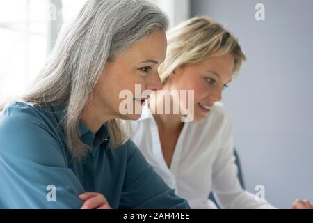 Ritratto di due focalizzata imprenditrici che lavorano insieme in ufficio Foto Stock