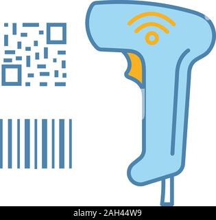 E codice a barre QR code scanner a colori con icone. Wifi lineare e codici a barre matrice lettore portatile. Codici QR e codici a barre tradizionale dispositivo di lettura. Store shop Illustrazione Vettoriale