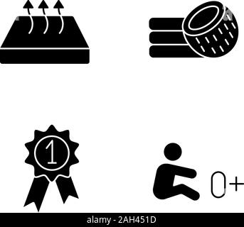 Materasso ortopedico glifo set di icone. Materiale traspirante, ammessi per il neonato, la fibra di cocco Materasso, premio medaglia. Simboli di Silhouette. Isolare il vettore Illustrazione Vettoriale