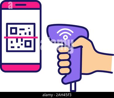 Il pagamento QR con codice di scansione dello scanner telefono dello schermo a colori con icone. Wifi a 2D di un lettore di codici a barre. Wireless codice QR per la scansione di codici a barre. Palmare i codici a barre matrice sca Illustrazione Vettoriale