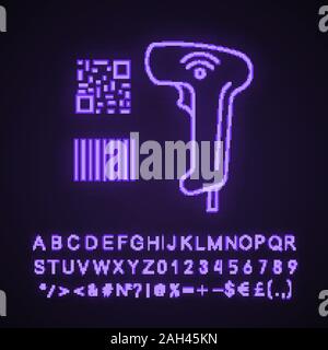 E codice a barre QR code scanner luce al neon icona. I codici a barre Wifi lettore portatile. Codici QR e codici a barre tradizionale dispositivo di lettura. Segno incandescente con alphab Illustrazione Vettoriale