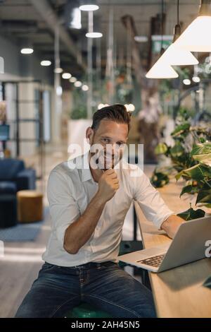 Ritratto di sorridente imprenditore maturo utilizzando computer portatile in ufficio moderno lounge Foto Stock