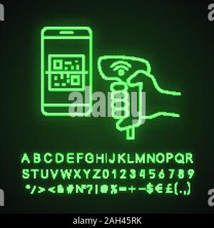 Il pagamento QR con codice di scansione dello scanner sullo schermo del telefono la luce al neon icona. Wifi a 2D di un lettore di codici a barre. Palmare wireless codice QR lettura di codici a barre. Segno incandescente wi Illustrazione Vettoriale