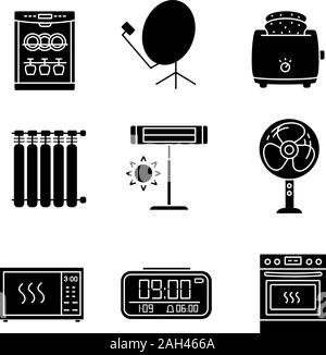 Elettrodomestico glifo set di icone. Lavastoviglie, un piatto di satellite, slice tostapane, Radiatore riscaldatore a raggi infrarossi, ventola, forno a microonde, orologio digitale, stufa. Illustrazione Vettoriale