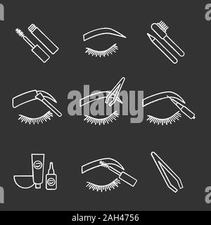 La sagomatura delle sopracciglia chalk set di icone. Kit di colorante, sopracciglia arcuate, pinzetta, microblading, mascara, Colorazione sopracciglia e rifinire con la matita e il pennello. Isolare Illustrazione Vettoriale