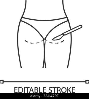 Gluteoplasty icona lineare. Aumento del gluteo e liposuzione. Linea sottile illustrazione. Sollevamento del gluteo chirurgia. Chirurgia plastica. Simbolo di contorno. Vettore Illustrazione Vettoriale