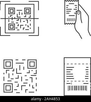 I codici a barre lineari di set di icone. Codice QR, scansione della ricevuta della carta in mano, matrice codice a barre, controllo della carta. Linea sottile simboli di contorno. Vettore isolato il contorno Illustrazione Vettoriale