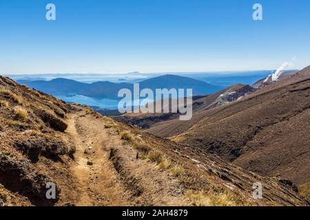 Nuova Zelanda, Oceania, Isola del nord, il Parco nazionale di Tongariro, Isola del nord altopiano vulcanico, Tongariro Alpine Crossing Trail, lago e Rotoaira Lago Taupo, percorso Ketetahi Hut, Te Maari cratere, il vapore dal Ketetahi Hot Springs Foto Stock