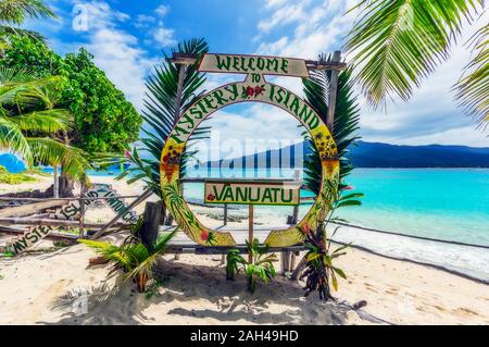 Vanuatu, Mystery Island, South Pacific, segno di benvenuto in spiaggia Foto Stock