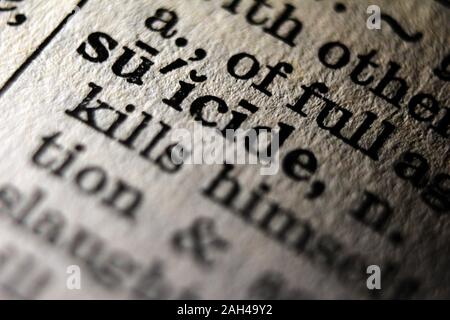 La parola "suicide" stampata sulla pagina di libro, close-up Foto Stock