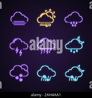 Previsioni meteo di luce al neon set di icone. La nebbia, vento, pioggia debole pioggia, fulmini e tuoni, luce notte pioggia, nevischio, neve, poco nuvoloso. Segni incandescente. Ve Illustrazione Vettoriale