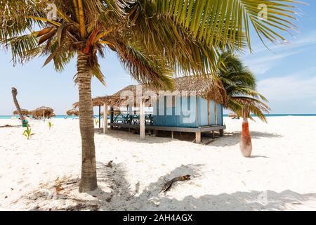 Blue Beach House con piccola veranda, tetto di paglia in piedi sulla spiaggia vicino all'oceano Foto Stock