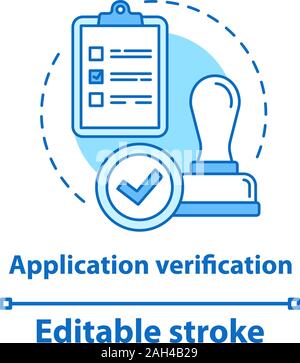 Verifica delle applicazioni concetto icona. Timbro di approvazione idea sottile linea illustrazione. Certificata, approvata. Il vettore isolato schizzo. Modificabile stro Illustrazione Vettoriale