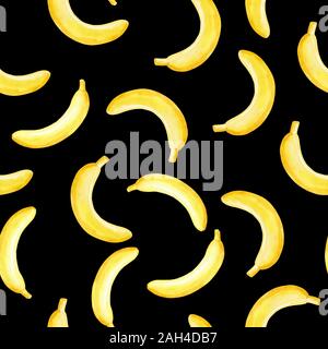 Acquerello seamless pattern con mano le banane giallo su sfondo nero. Bambini illustrazione dello sfondo. Disegnato a mano. Foto Stock