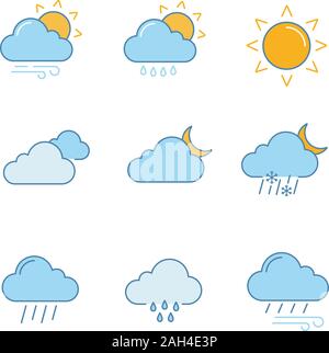 Previsioni meteo le icone a colori set. Parzialmente nuvoloso e ventoso, cospargere la pioggia, il sole, le nuvole, notte, versando pioggia e pioggia, vento, coperto, nevischio. Illustrazione Vettoriale