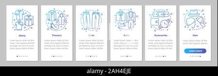 Uomini vestiti di onboarding mobile app schermo pagina con concetti lineari. Gonne, pantaloni, cappotti, abiti, accessori cappelli. Procedura dettagliata procedura grafica. UX Illustrazione Vettoriale