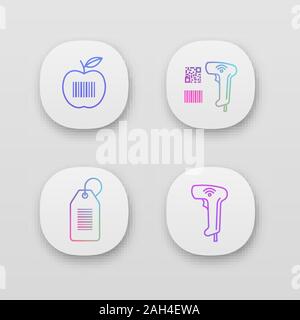I codici a barre le icone delle app set. UI/UX interfaccia utente. Codice a barre del prodotto, QR e i codici lineari scanner, hang tag, wireless handheld reader. Web o mobile applicat Illustrazione Vettoriale