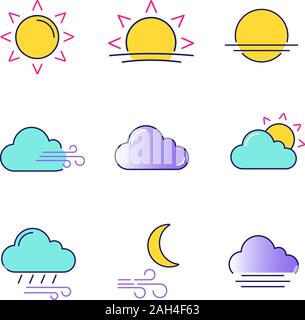 Previsioni meteo le icone a colori set. Sun, gli orari di alba e tramonto, vento, cloud parzialmente nuvoloso meteo, pioggia, vento Notte e nebbia. Vettore isolato illustrati Illustrazione Vettoriale