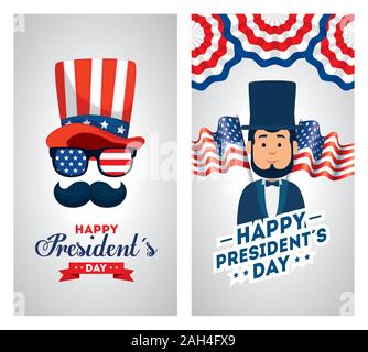 Set di felice presidenti day poster con decorazione Illustrazione Vettoriale