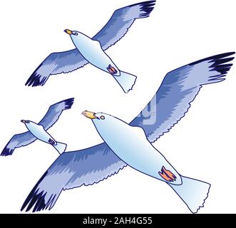 Gabbiani icona volanti su sfondo bianco Illustrazione Vettoriale