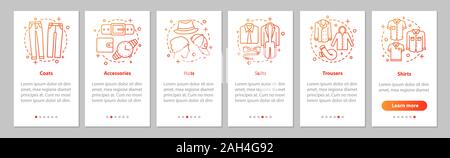 Uomini vestiti di onboarding mobile app schermo pagina con concetti lineari. Gonne, pantaloni, cappotti, abiti, accessori cappelli. Procedura dettagliata procedura grafica. UX Illustrazione Vettoriale