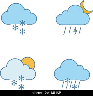 Previsioni meteo le icone a colori set. Luce neve, notte temporale, sparse neve, nevischio meteo. Isolato illustrazioni vettoriali Illustrazione Vettoriale